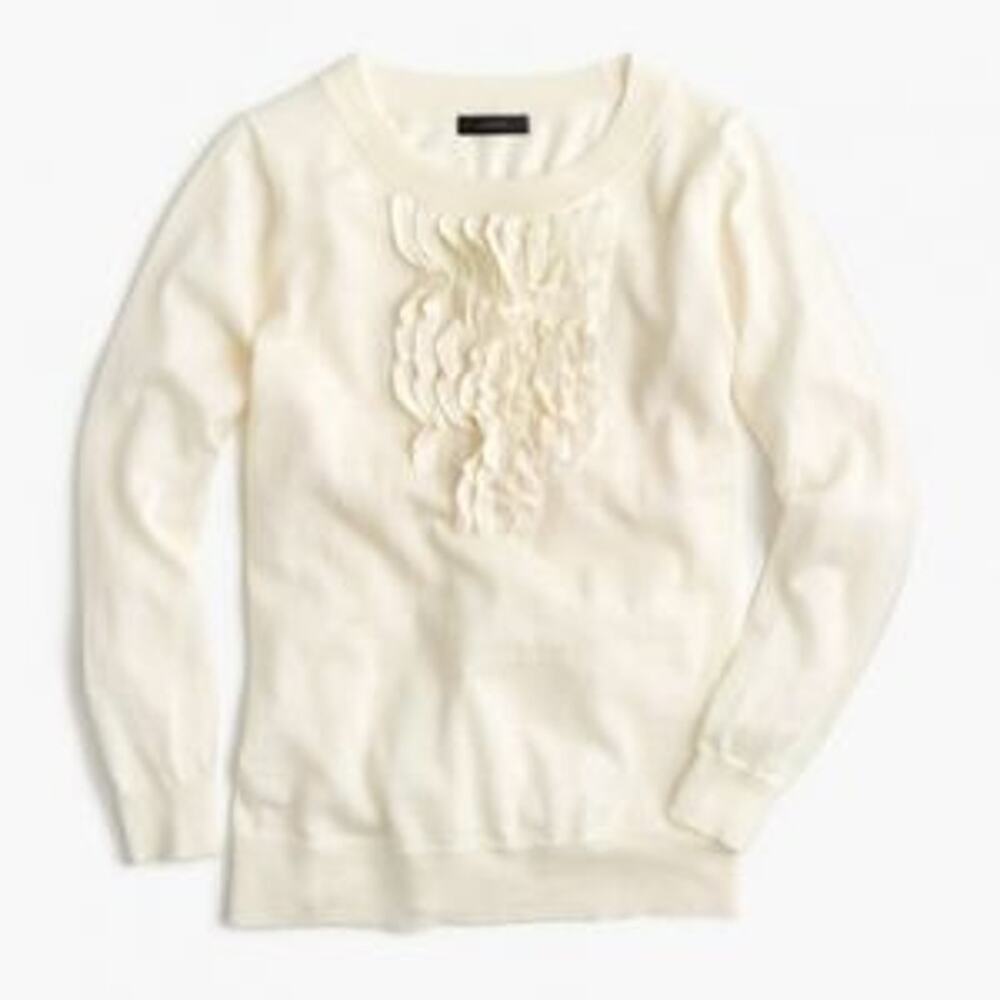 J. Crew Ruffled Pullover Sweater Ivory Wool Crew Neck 3/4 Sleeve Women's XS